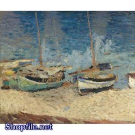 Tranh sơn dầu thuyền bè cập bến